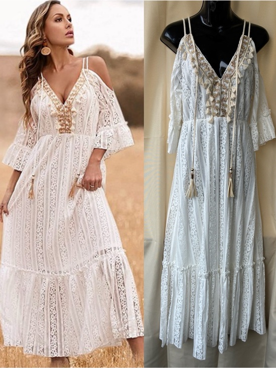 Unbranded Dresses & Skirts - Small Boho Cold-Shoulder Maxi Dress cream & gold